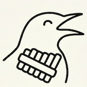 Syrinx Logo Line drawing of a singing bird with a pan flute for vocal chords